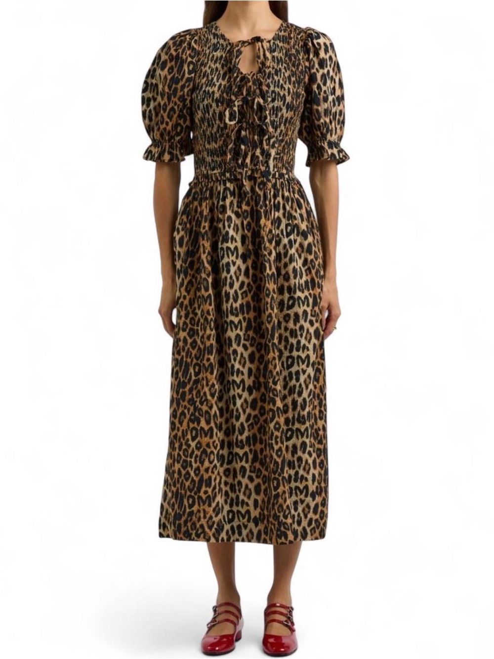 Leopard Print Midi Dress with Puff Sleeves - Brown